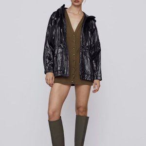 Zara black shiny parka raincoat zip up hood large